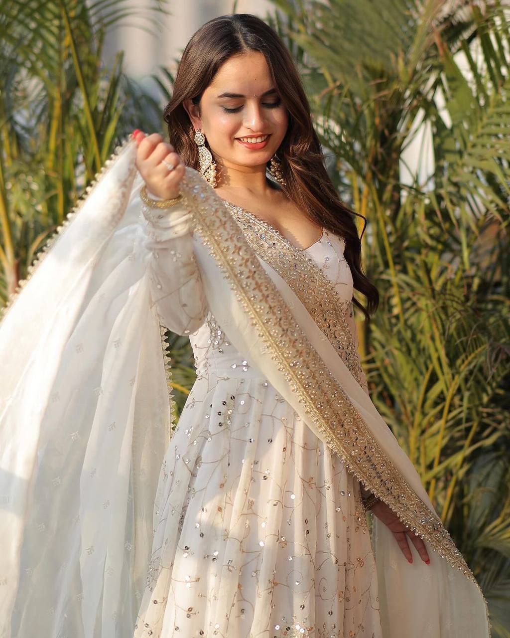 Pristine Ivory Mirror-Work Anarkali